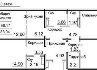 Трехкомнатная квартира на продажу, 86.2 м2, Новосибирская область, 3-й микрорайон, 12А