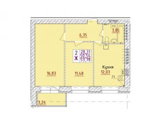 Продажа 2-ком. квартиры, 53.8 м2, посёлок Ивняки