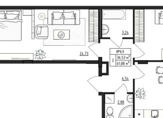 Продается 2-комнатная квартира, 61.9 м2, деревня Малое Верево