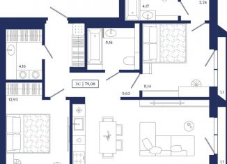 Продаю трехкомнатную квартиру, 79.1 м2, Новосибирск, метро Октябрьская, улица Семьи Шамшиных, 6/1