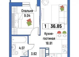 1-комнатная квартира на продажу, 36.9 м2, Мурино, ЖК Урбанист