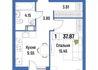 Продам 1-ком. квартиру, 37.9 м2, Мурино, ЖК Урбанист