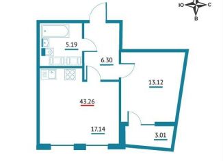 Продается 1-комнатная квартира, 43.3 м2, Мурино