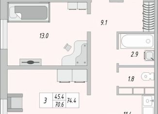 Трехкомнатная квартира на продажу, 74.4 м2, Оренбург, ЖК Акварель