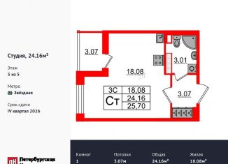 Продам квартиру студию, 24.2 м2, Санкт-Петербург, муниципальный округ Пулковский Меридиан