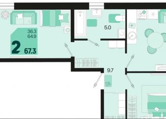 Продается 2-комнатная квартира, 67.3 м2, Краснодар