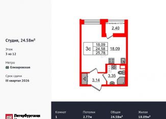 Квартира на продажу студия, 24.6 м2, Санкт-Петербург, метро Новочеркасская