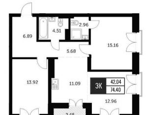 Продажа 3-комнатной квартиры, 74.4 м2, Новосибирск, ЖК Академия, улица Шевченко, 19/1к3