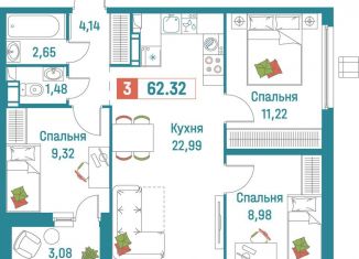 Продается 3-комнатная квартира, 62.3 м2, Мурино