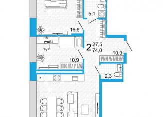 Продам 2-ком. квартиру, 74 м2, Уфа, улица Аксакова, 18, ЖК Империал