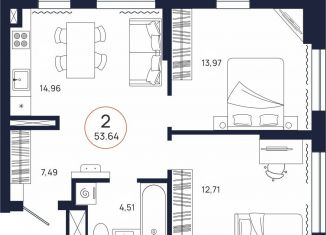 2-ком. квартира на продажу, 53.6 м2, Тюмень