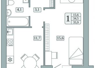 1-комнатная квартира на продажу, 34.5 м2, поселок городского типа Стройкерамика