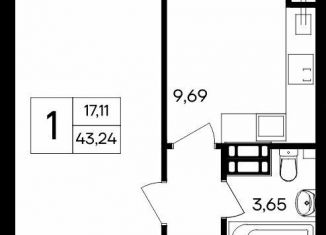 Продаю однокомнатную квартиру, 43.2 м2, посёлок городского типа Гвардейское, Курганная улица