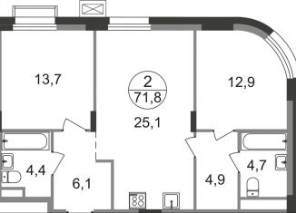 Продается 2-комнатная квартира, 71.8 м2, Московская область