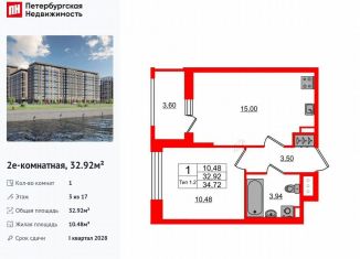 Продаю 1-ком. квартиру, 32.9 м2, Санкт-Петербург, метро Елизаровская