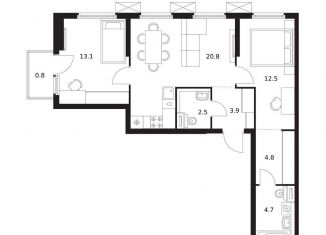 Двухкомнатная квартира на продажу, 63.1 м2, деревня Утечино