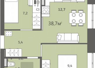 Двухкомнатная квартира на продажу, 38.7 м2, деревня Хохряки, микрорайон Богатыри, 11