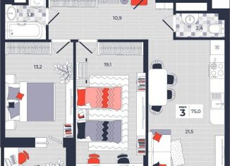 Продажа 3-комнатной квартиры, 75 м2, Тула