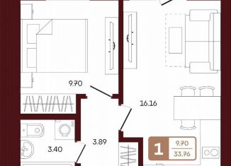 Продажа однокомнатной квартиры, 33.8 м2, село Акбердино