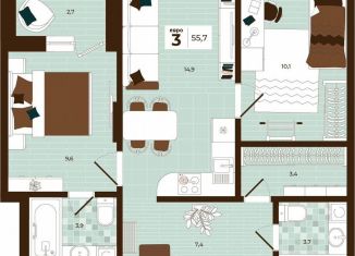 Продажа 3-ком. квартиры, 55.7 м2, Тула