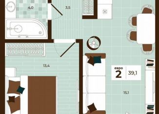 Продается двухкомнатная квартира, 39.1 м2, Тула