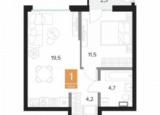 Продам однокомнатную квартиру, 40.6 м2, Курск