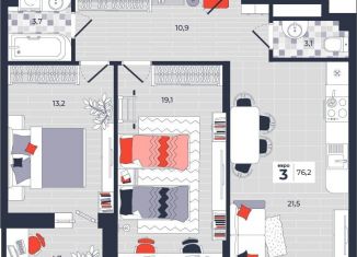 Продается трехкомнатная квартира, 76.2 м2, Тула