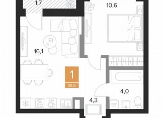 Однокомнатная квартира на продажу, 35.9 м2, Курск