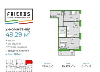 Продам двухкомнатную квартиру, 49.3 м2, Санкт-Петербург, ЖК Френдс