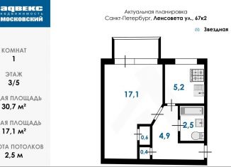 Однокомнатная квартира на продажу, 30.7 м2, Санкт-Петербург, улица Ленсовета, муниципальный округ Звёздное