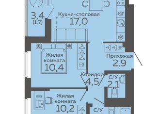 2-ком. квартира на продажу, 53.8 м2, Свердловская область, жилой комплекс Новокольцовский, 2