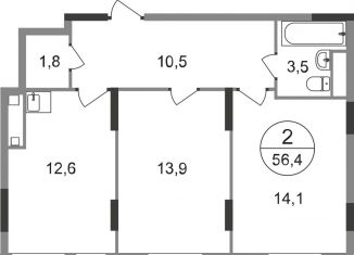 Продам двухкомнатную квартиру, 56.4 м2, Москва, деревня Рассказовка, 1