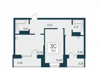3-комнатная квартира на продажу, 72.1 м2, Новосибирск