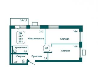 2-комнатная квартира на продажу, 69.1 м2, рабочий посёлок Андреевка, жилой комплекс Андреевка Лайф, 3