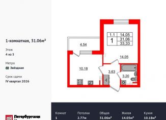 Продам 1-комнатную квартиру, 31.1 м2, Санкт-Петербург, метро Звёздная