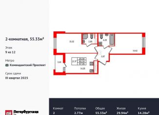 Двухкомнатная квартира на продажу, 55.3 м2, Санкт-Петербург