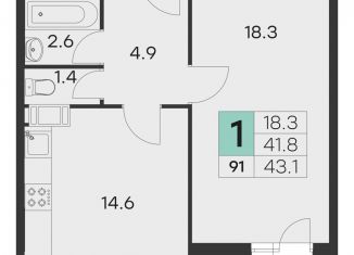 Продажа 1-комнатной квартиры, 43.1 м2, Московская область