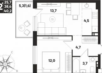 Продажа двухкомнатной квартиры, 40.2 м2, Пермский край, улица Парфёнова, 5