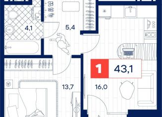 1-ком. квартира на продажу, 43.1 м2, Тюмень