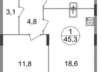 Продажа 1-комнатной квартиры, 45.3 м2, Московская область