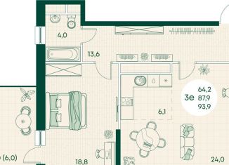 Продажа 3-ком. квартиры, 93.9 м2, посёлок городского типа Яблоновский