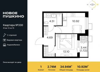 Продается 1-ком. квартира, 34.9 м2, Московская область, микрорайон Новое Пушкино, к27