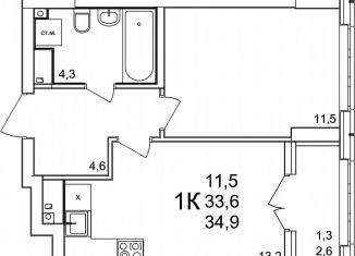 Продается однокомнатная квартира, 34.9 м2, деревня Анкудиновка, ЖК КМ Анкудиновский Парк
