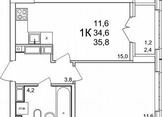 1-комнатная квартира на продажу, 35.8 м2, деревня Анкудиновка, ЖК КМ Анкудиновский Парк