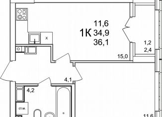 Продаю 1-ком. квартиру, 36.1 м2, деревня Анкудиновка, ЖК КМ Анкудиновский Парк