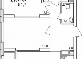 2-комнатная квартира на продажу, 54.7 м2, деревня Анкудиновка, ЖК КМ Анкудиновский Парк