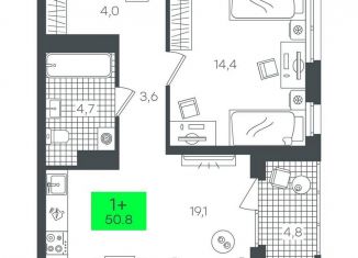 Продается однокомнатная квартира, 50.9 м2, Тюмень, Калининский округ, улица Василия Малкова, 17