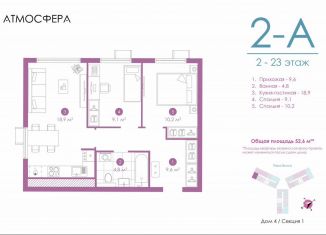 Продается 2-комнатная квартира, 52.4 м2, Астрахань, улица Бехтерева, 12/4, ЖК Атмосфера