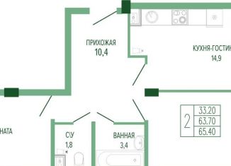 Продается двухкомнатная квартира, 65.4 м2, Краснодар