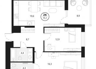 Продается двухкомнатная квартира, 75.1 м2, Тюменская область, улица Разведчика Кузнецова, 16